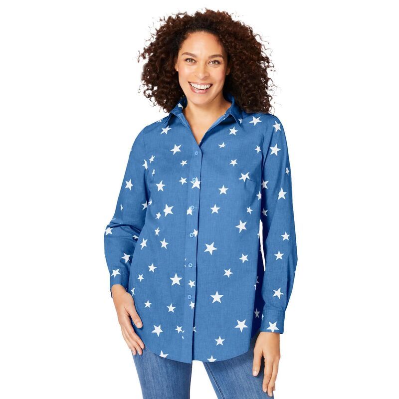 ウーマン ウィズイン レディース トップス シャツ プラスサイズ Woman Within Plusize Perfect Long Sleeve Shirt Blue Chambray Stars ブルー