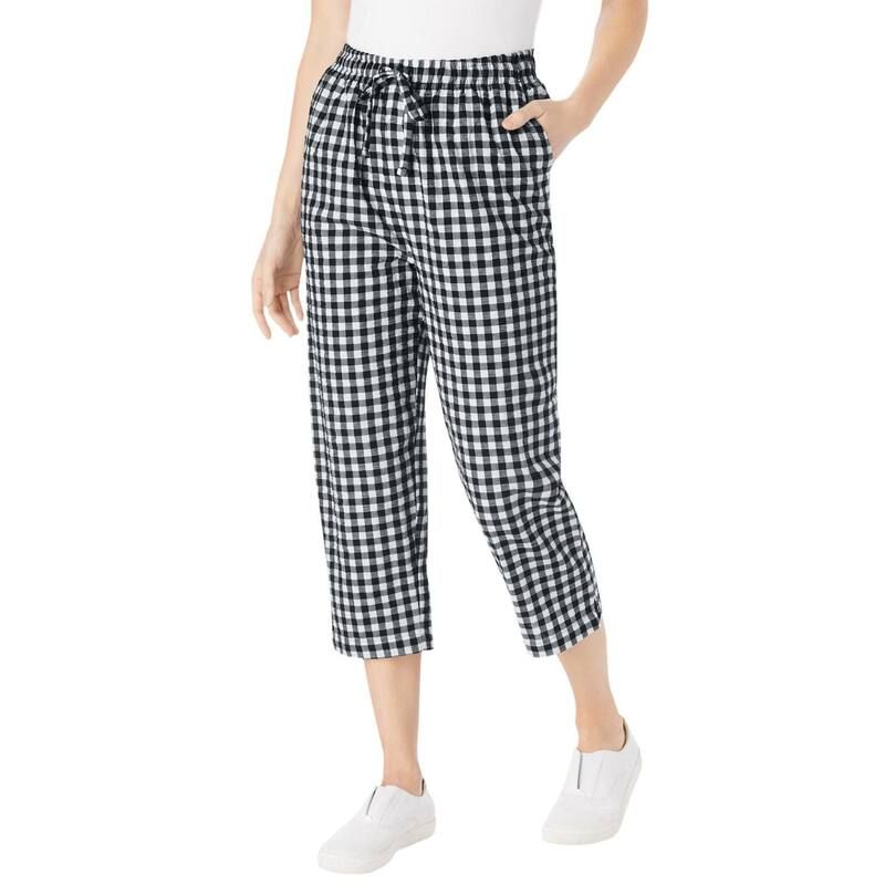 ウーマン ウィズイン レディース ボトムス カジュアルパンツ プラスサイズ キャップ Woman Within Plusize Seersucker PullOn ElasticWaist Capri Pants Black Gingham ブラック