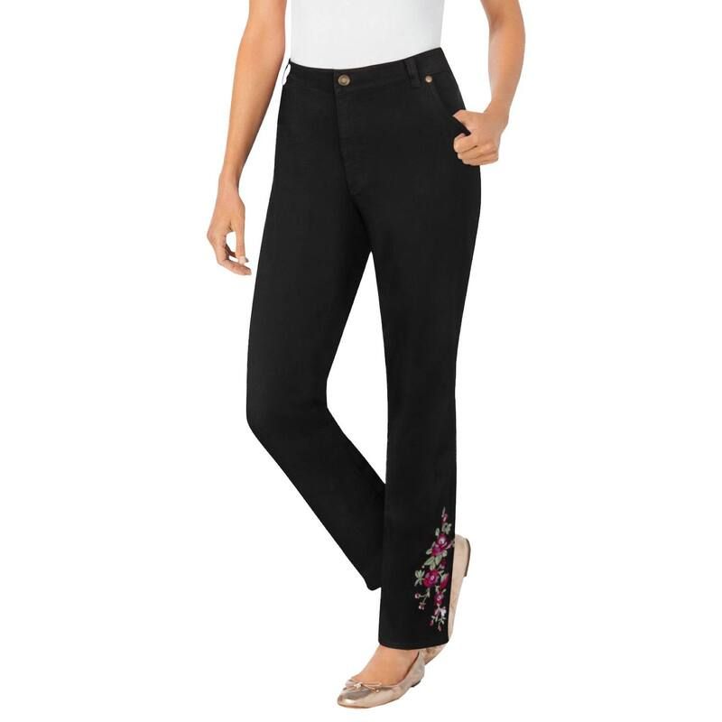 ウーマン ウィズイン レディース ボトムス デニムパンツ プラスサイズ ジーンズ Woman Within Plusize StraightLeg Stretch Denim FivePocket Jeans Black Bloom Embroidery ブラ