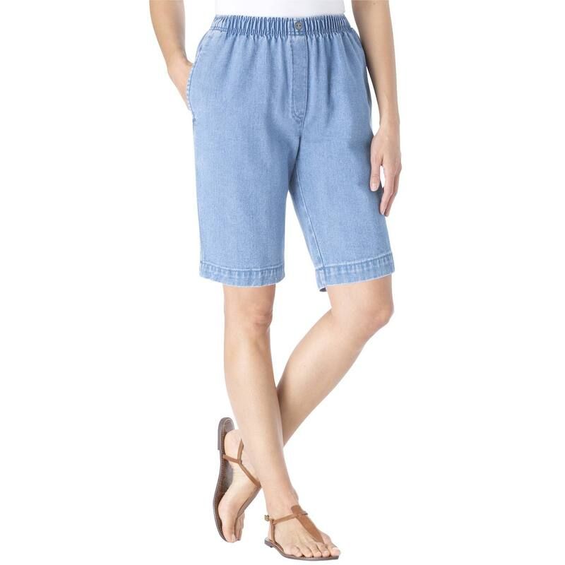 ウーマン ウィズイン レディース ボトムス ハーフパンツ・ショーツ プラスサイズ ショートパンツ コットン デニム Woman Within Plusize 7Day ElasticWaist PullOn Cotton Denim Shorts Light