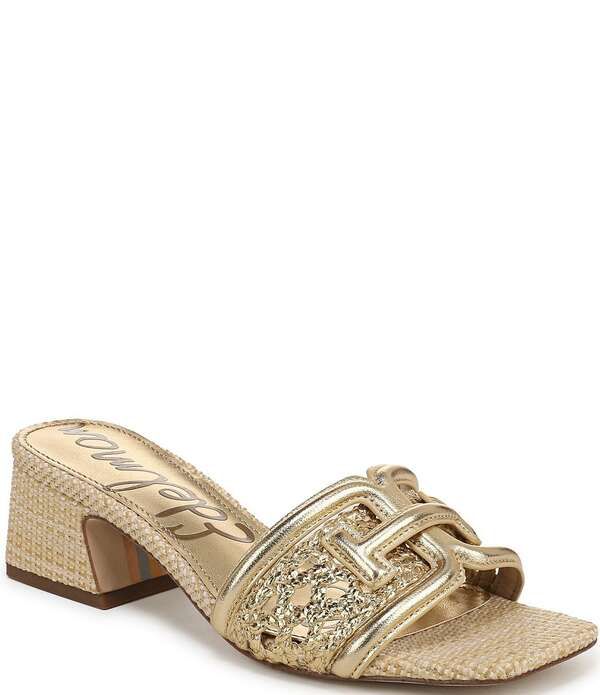 サムエデルマン レディース シューズ サンダル トール レザー ロゴ Sam Edelman Waylon Metallic Woven Raffiand Leather Double Logo Slide Sandals Amber Gold アンバー