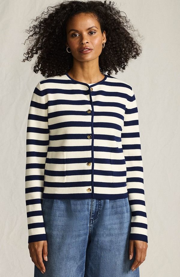ランズエンド レディース アウター ジャケット・ブルゾン セーター コットン ブレザー Lands End Fine Gauge Cotton Milano Blazer Sweater Fresh IvoryNavy Breton Stripe アイボリー