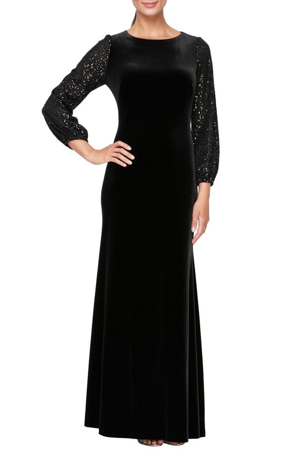 アレックスイブニングス レディース トップス ワンピース ベルベット スパンコール Alex Evenings Mixed Media Sequin Velvet Long Sleeve Gown Black ブラック