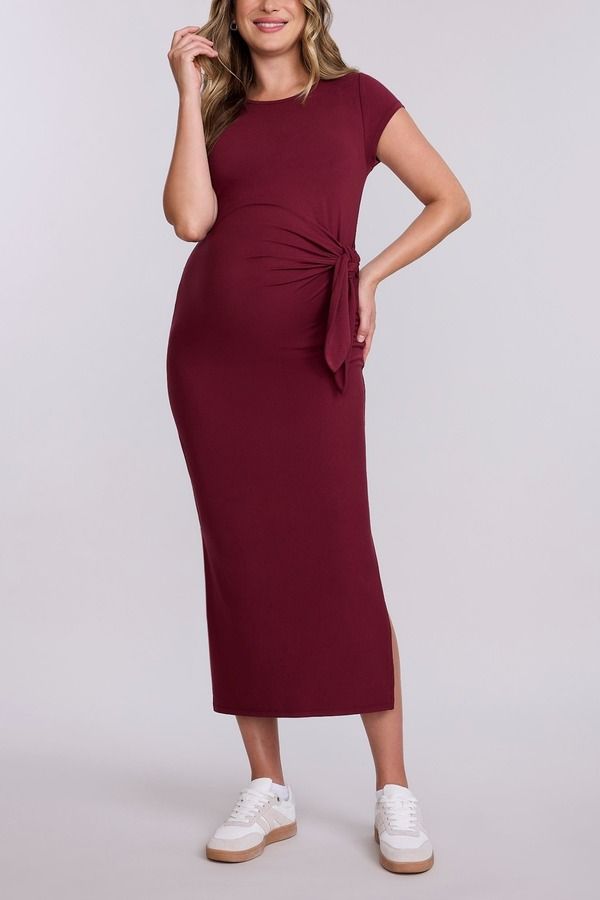 マザーフッドマタニティー レディース トップス ワンピース クルーネック ミディ MOTHERHOOD MATERNITY Crew Neck Short Sleeve Side Tie Maternity Midi Dress Tawny Port