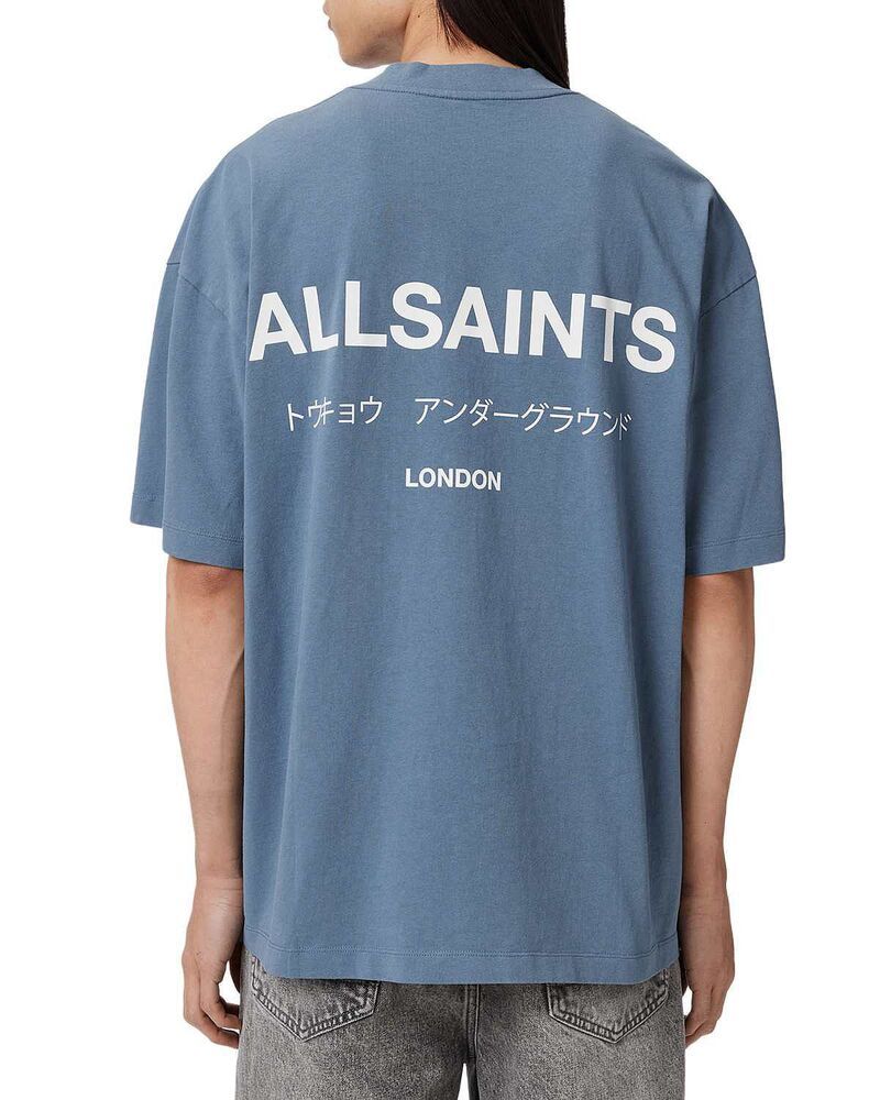 オールセインツ メンズ トップス Tシャツ コットン ロゴ グラフィック ALLSAINTS Underground Organicotton Logo Graphic Tee Maya Blue ブルー