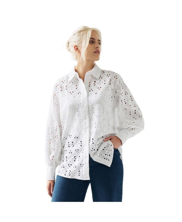 【送料無料】 Ellos レディース シャツ トップス Plus Size Eyelet Button Front Shirt With Blouson Sleeves White