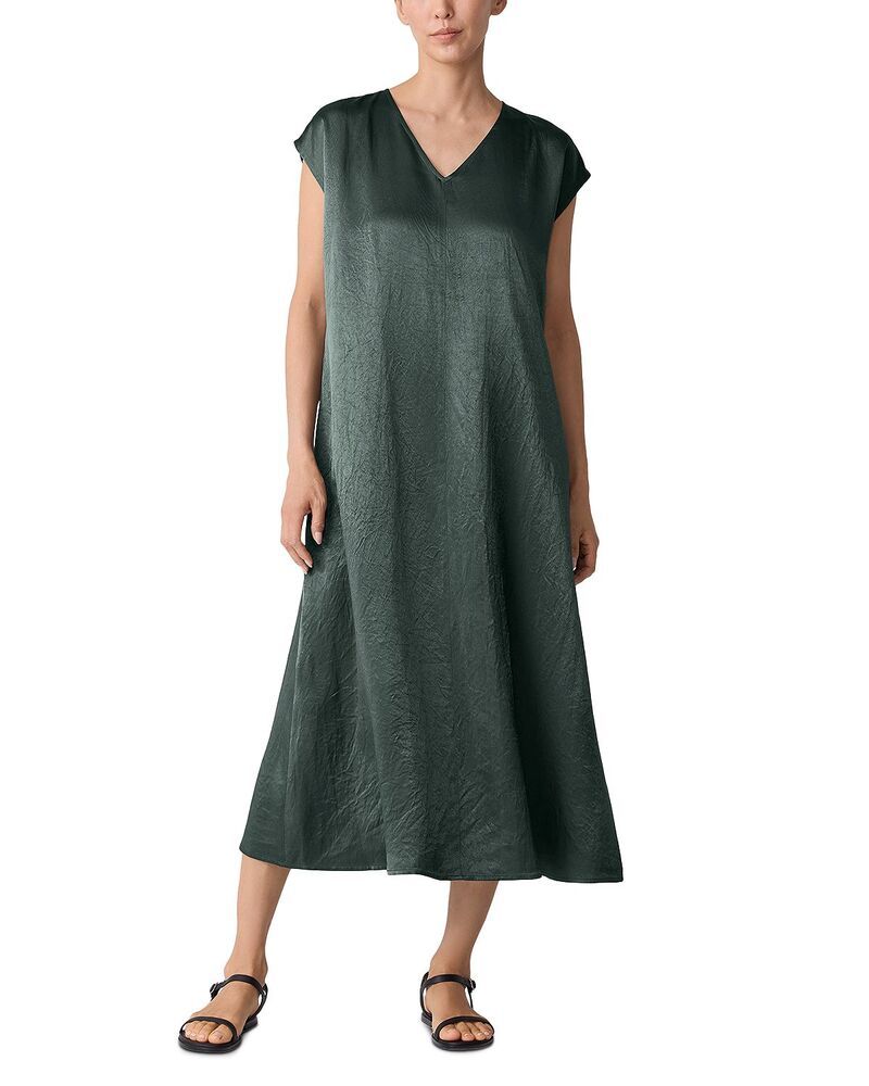 エイリーンフィッシャー レディース トップス ワンピース Vネック ミディ サテン キャップ Eileen Fisher Satin V Neck Cap Sleeve Midi Dress Everglade