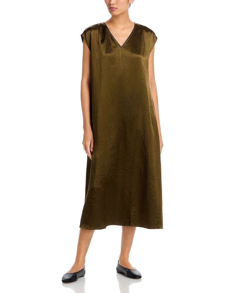 エイリーンフィッシャー レディース トップス ワンピース Vネック ミディ サテン キャップ Eileen Fisher Satin V Neck Cap Sleeve Midi Dresserpentine