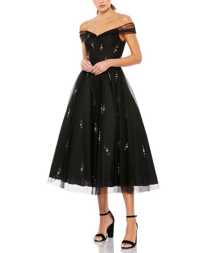 マックダガル レディース トップス ワンピース チュール プチ Mac Duggal Petite Ieena Off the Shoulder Embellished Tulle Cocktail Dress Black ブラック