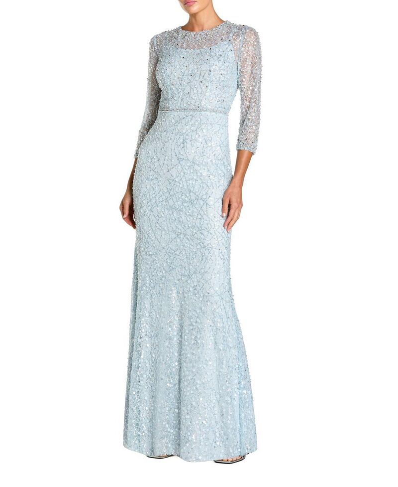 マックダガル レディース トップス ワンピース Mac Duggal Beaded Embroidery Elbow Sleeve Column Gown Powder Blue ブルー