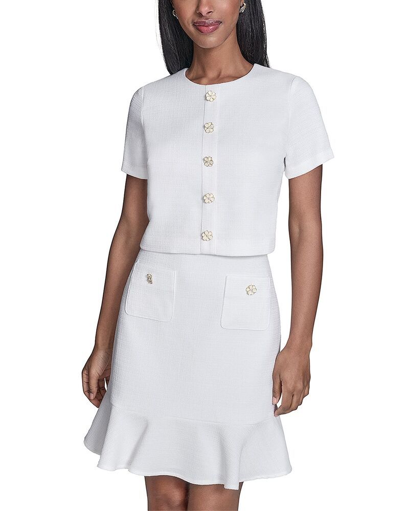 カール ラガーフェルド レディース トップス ワンピース ツイード KARLAGERFELD PARIS Flower Button Short Sleeve Summer Tweedressoft White ホワイト