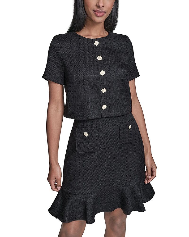 カール ラガーフェルド レディース トップス ワンピース ツイード KARLAGERFELD PARIS Flower Button Short Sleeve Summer Tweedress Black ブラック