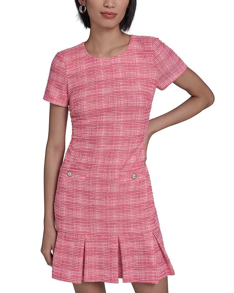 カール ラガーフェルド レディース トップス ワンピース A ライン ツイード KARLAGERFELD PARIShort Sleeve Boucle Tweed A Line Dress Hot Pink Soft White ホワイト