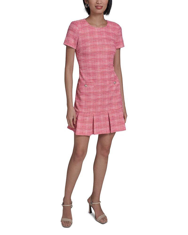 カール ラガーフェルド レディース トップス ワンピース A ライン ツイード KARLAGERFELD PARIShort Sleeve Boucle Tweed A Line Dress Hot Pink Soft White ホワイト