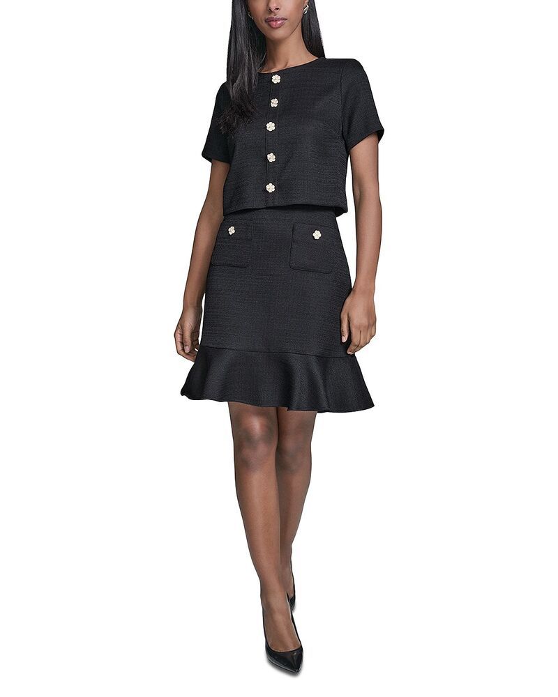 カール ラガーフェルド レディース トップス ワンピース ツイード KARLAGERFELD PARIS Flower Button Short Sleeve Summer Tweedress Black ブラック カール ラガーフェルド レディース トップス ワンピース ツイード KARLAGERFELD PARIS Flower Button Short Sleeve Summer Tweedress Black ブラック