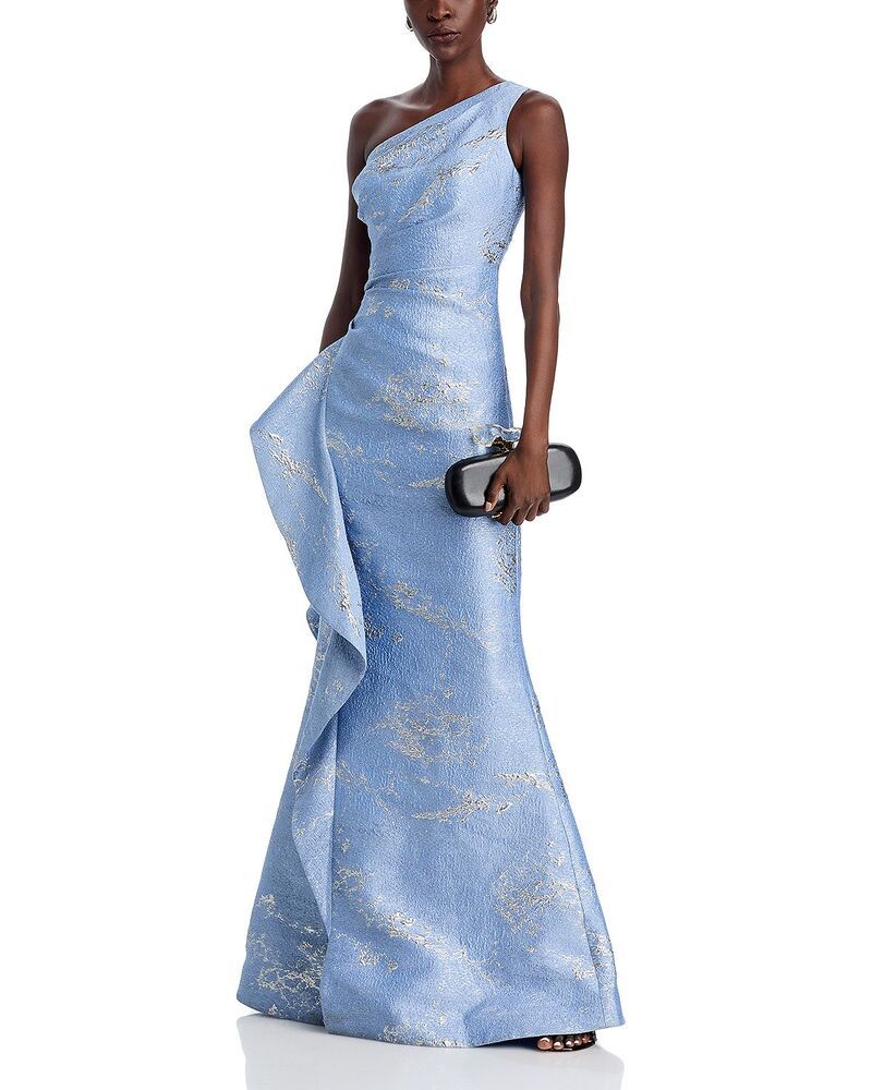 テリジョンバイリッキーフリーマン レディース トップス ワンピース ワンショルダー トール Teri Jon by Rickie Freeman Metallic Jacquard OneShoulder Gown Light Blue Silver ブルー