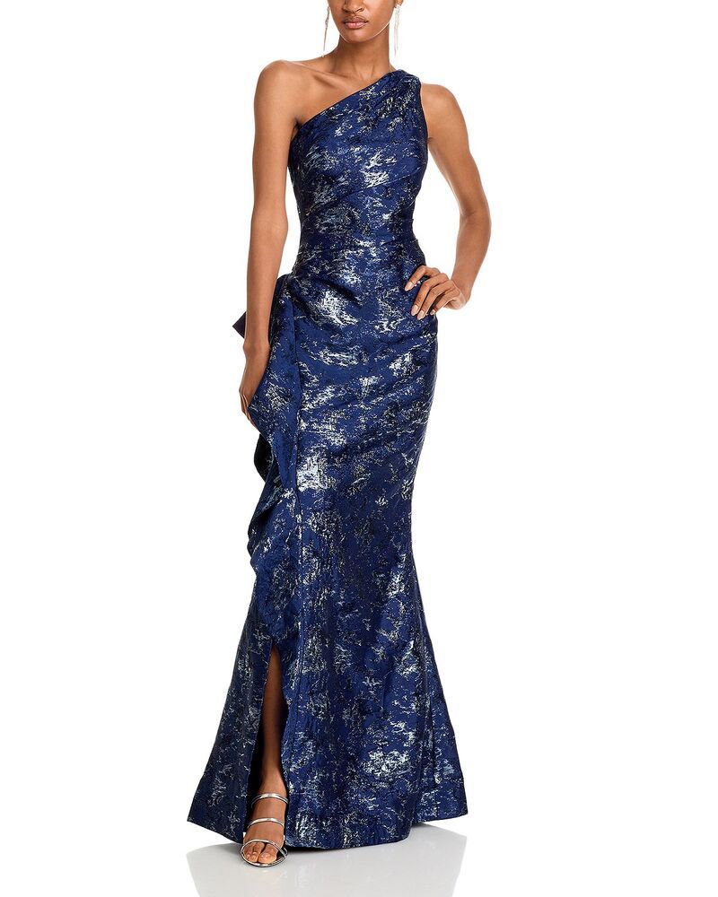 テリジョンバイリッキーフリーマン レディース トップス ワンピース ワンショルダー トール Teri Jon by Rickie Freeman Metallic Jacquard OneShoulder Gownavy ネイビー