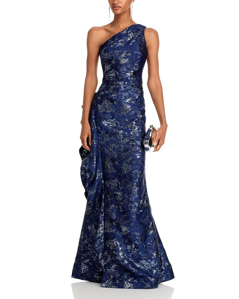 テリジョンバイリッキーフリーマン レディース トップス ワンピース ワンショルダー トール Teri Jon by Rickie Freeman Metallic Jacquard OneShoulder Gownavy ネイビー