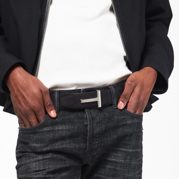 トム・フォード メンズ アクセサリー ベルト レザー Tom Ford Mens Metal T Buckleather Belt Black ブラック