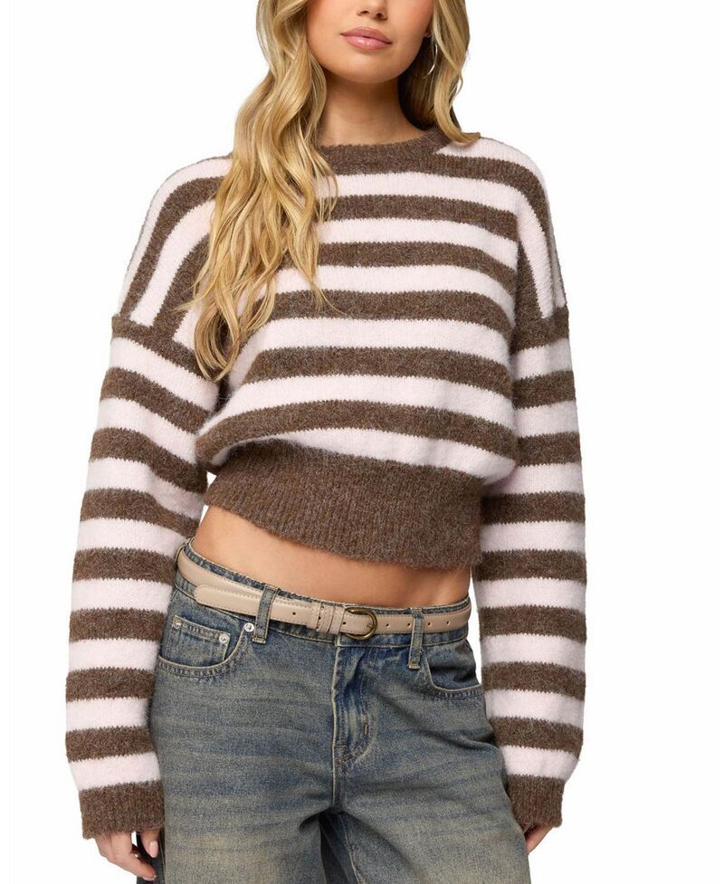 アディクテッド レディース アウター ニット・セーター Edikted Penelope Fuzzy Striped Sweater BrownAndPink ピンク
