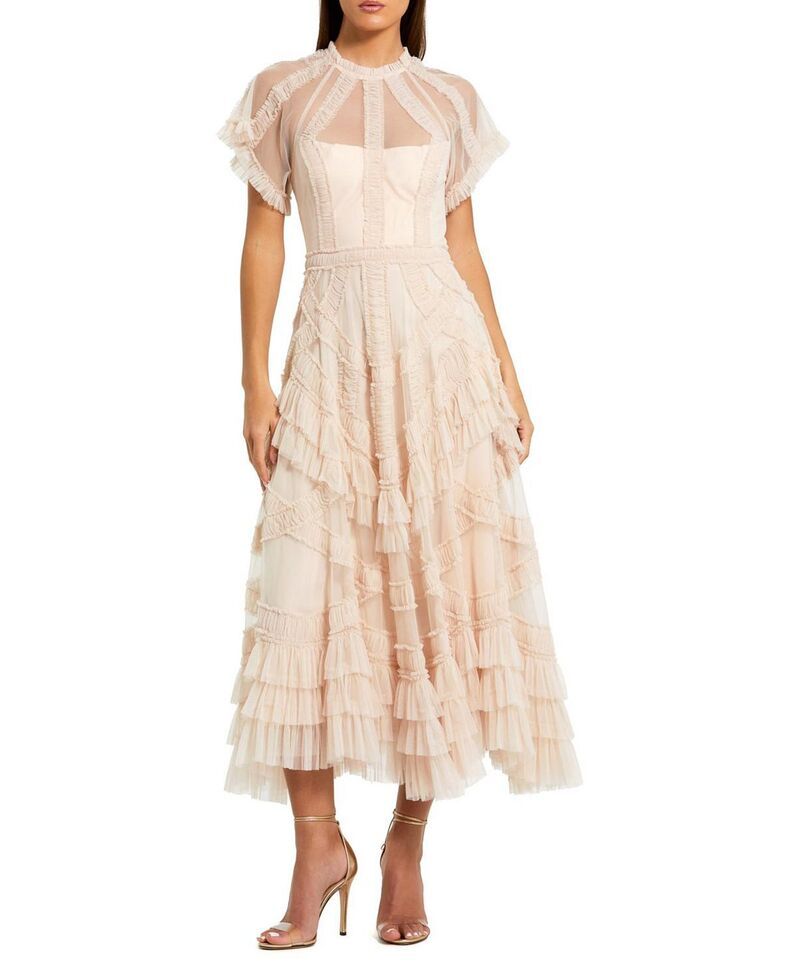 マックダガル レディース トップス ワンピース フリル メッシュ ミディ Mac Duggal Flutter Sleeve Mesh Midi Dress with Micro Ruffles Blush ブラッシュ