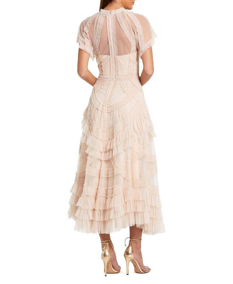 マックダガル レディース トップス ワンピース フリル メッシュ ミディ Mac Duggal Flutter Sleeve Mesh Midi Dress with Micro Ruffles Blush ブラッシュ