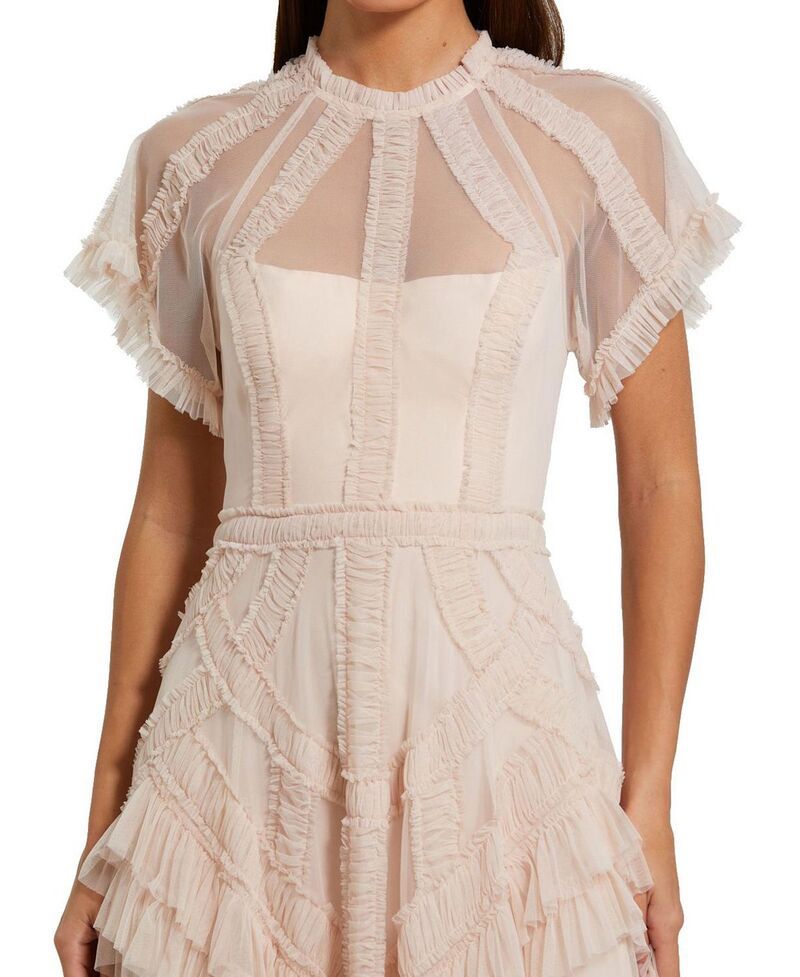 マックダガル レディース トップス ワンピース フリル メッシュ ミディ Mac Duggal Flutter Sleeve Mesh Midi Dress with Micro Ruffles Blush ブラッシュ