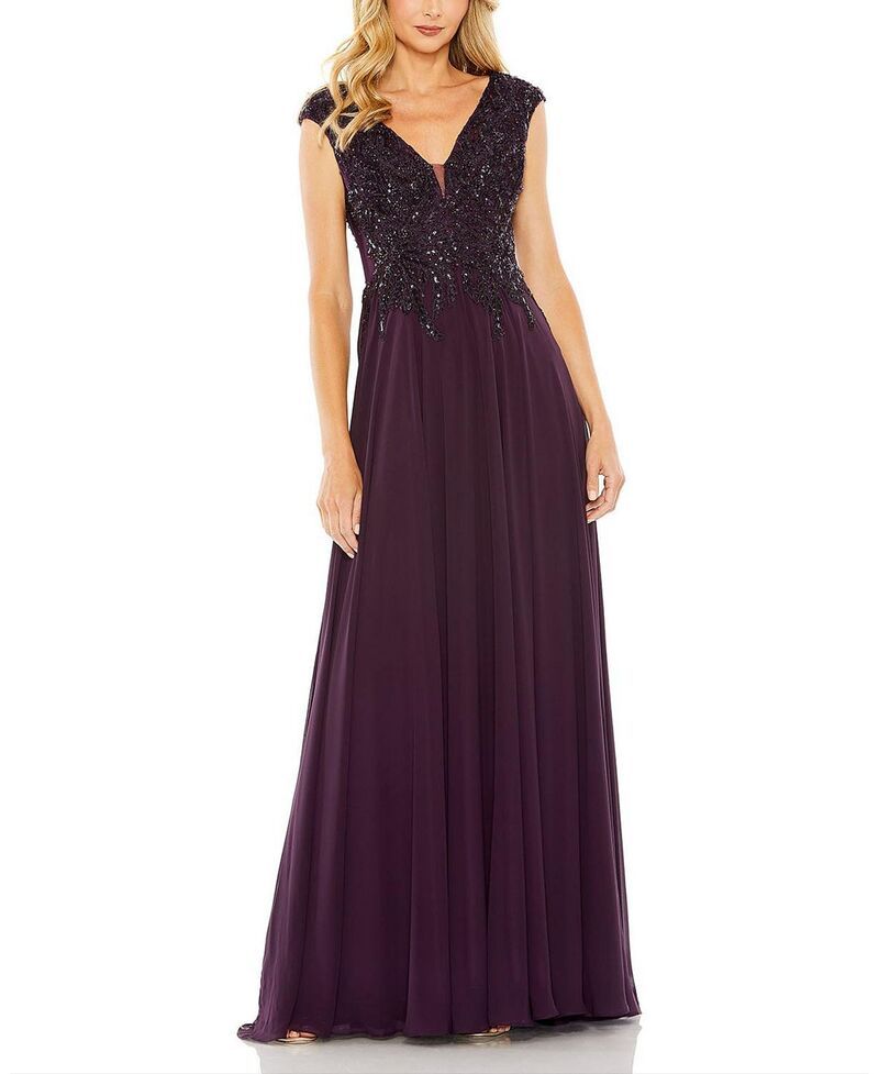 マックダガル レディース トップス ワンピース キャップ Mac Duggal Cap Sleeve Flowy Applique Gown Aubergine オーバージーン