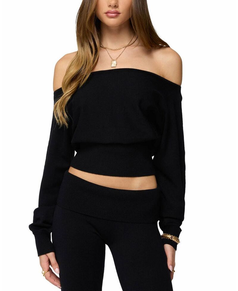 アディクテッド レディース アウター ニット・セーター Edikted Skyla Off Shoulder Knit Sweater Black ブラック