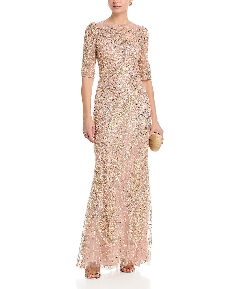 テリジョンバイリッキーフリーマン レディース トップス ワンピース チュール Teri Jon by Rickie Freeman Art Deco Beaded Tullelbow Sleeve Gown Blush Multi ブラッシュ