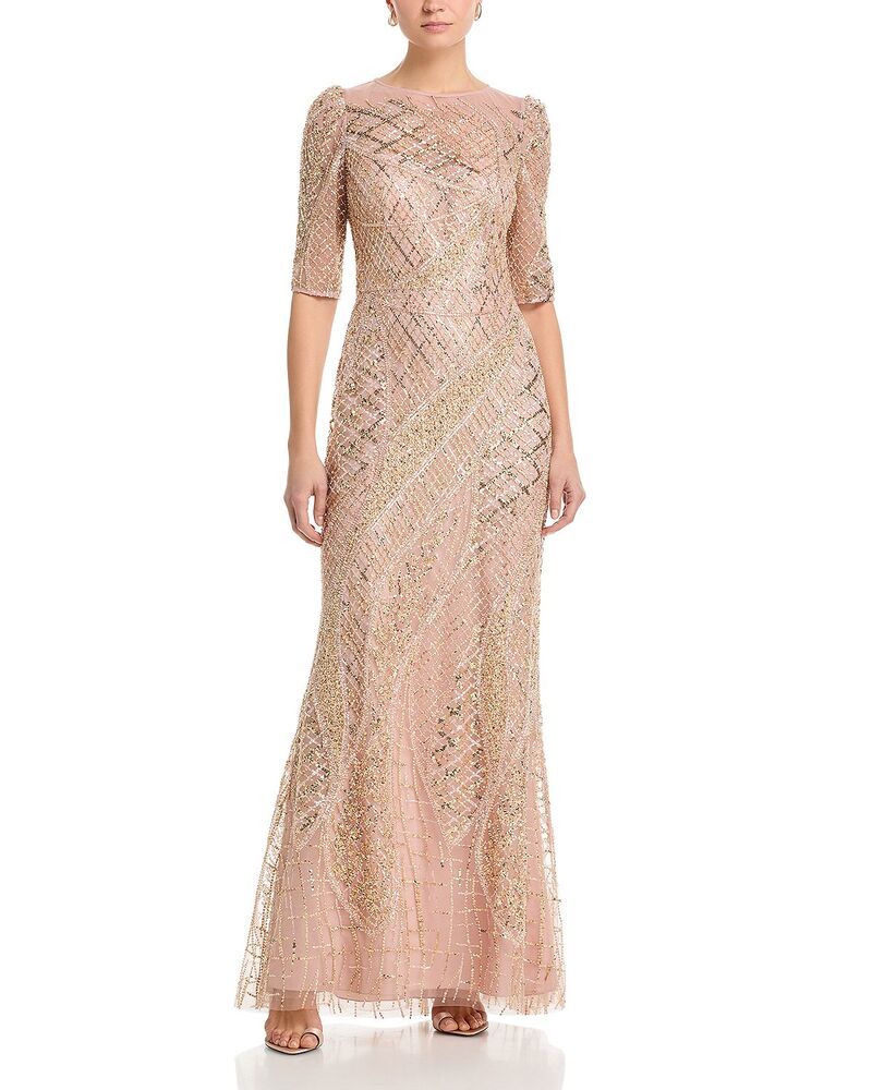 テリジョンバイリッキーフリーマン レディース トップス ワンピース チュール Teri Jon by Rickie Freeman Art Deco Beaded Tullelbow Sleeve Gown Blush Multi ブラッシュ