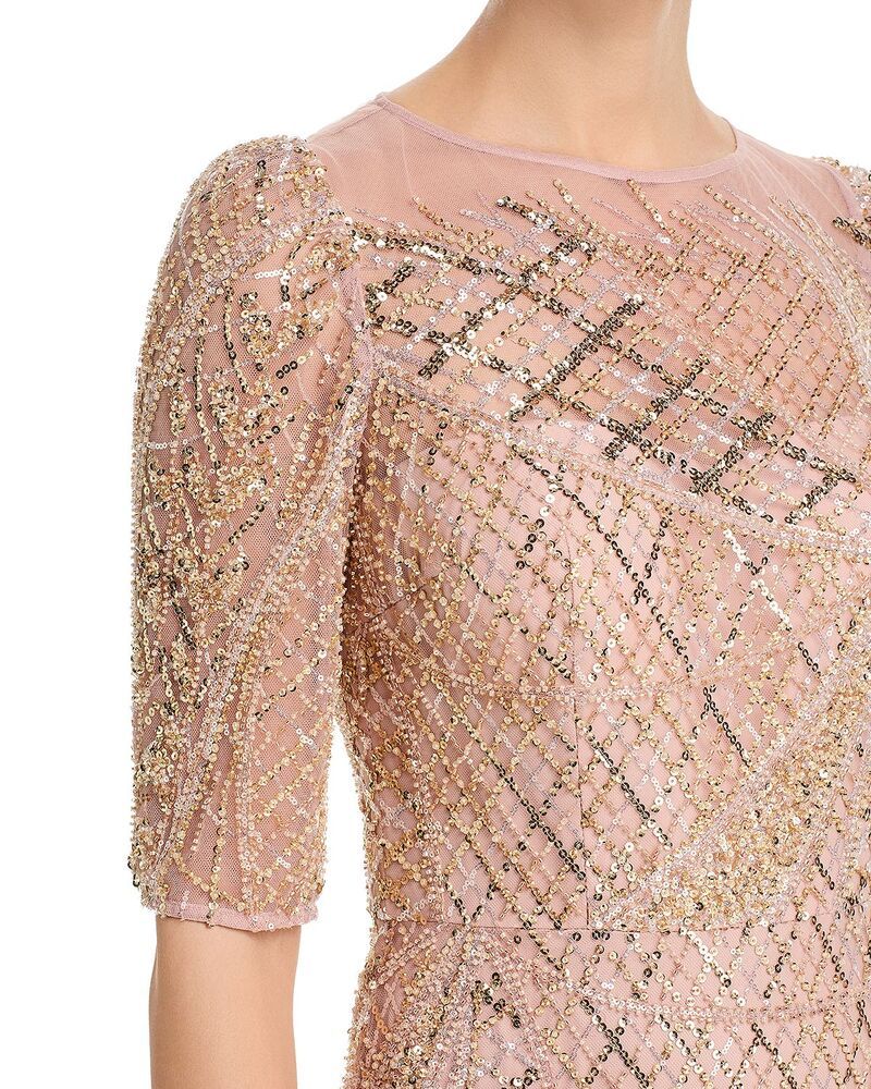 テリジョンバイリッキーフリーマン レディース トップス ワンピース チュール Teri Jon by Rickie Freeman Art Deco Beaded Tullelbow Sleeve Gown Blush Multi ブラッシュ