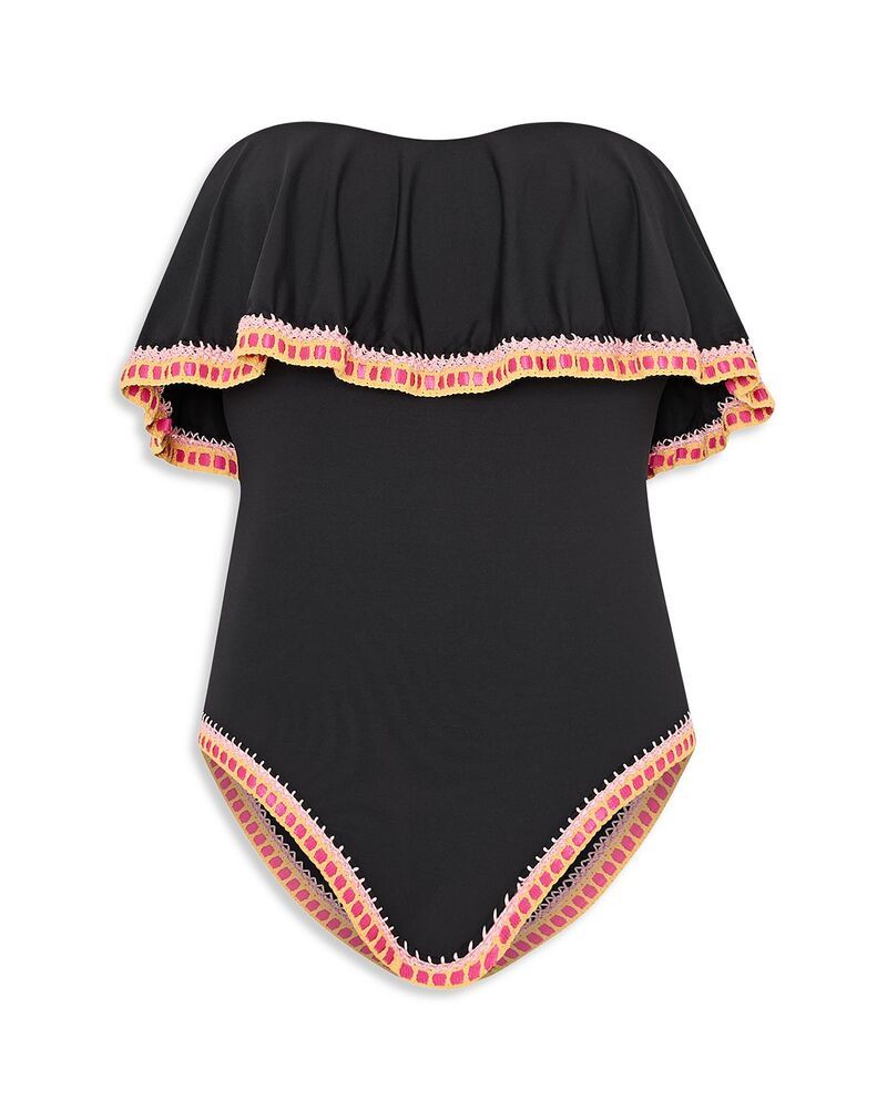 ミリー レディース 水着 上下セット フリル ストラップレス MILLY Strapless Crochet Ruffle One Piece Swimsuit Black Multi ブラック ミリー レディース 水着 上下セット フリル ストラップレス MILLY Strapless Crochet Ruffle One Piece Swimsuit Black Multi ブラック