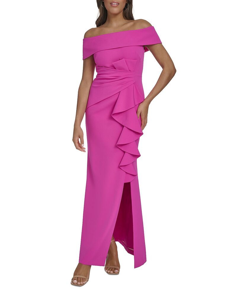 エリザジェイ レディース トップス ワンピース フリル Eliza J Off The Shoulderuffle Mermaid Gown Hot Pink ピンク
