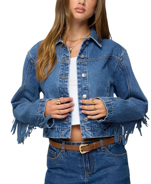 アディクテッド レディース アウター ジャケット・ブルゾン デニム フリンジ Edikted Maurice Fringedenim Jacket Blue Washed ブルー