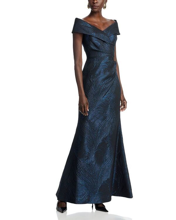 テリジョンバイリッキーフリーマン レディース トップス ワンピース トール Teri Jon by Rickie Freeman Metallic Jacquard Wavy Pattern Portrait Gown RoyalBlack ブラック