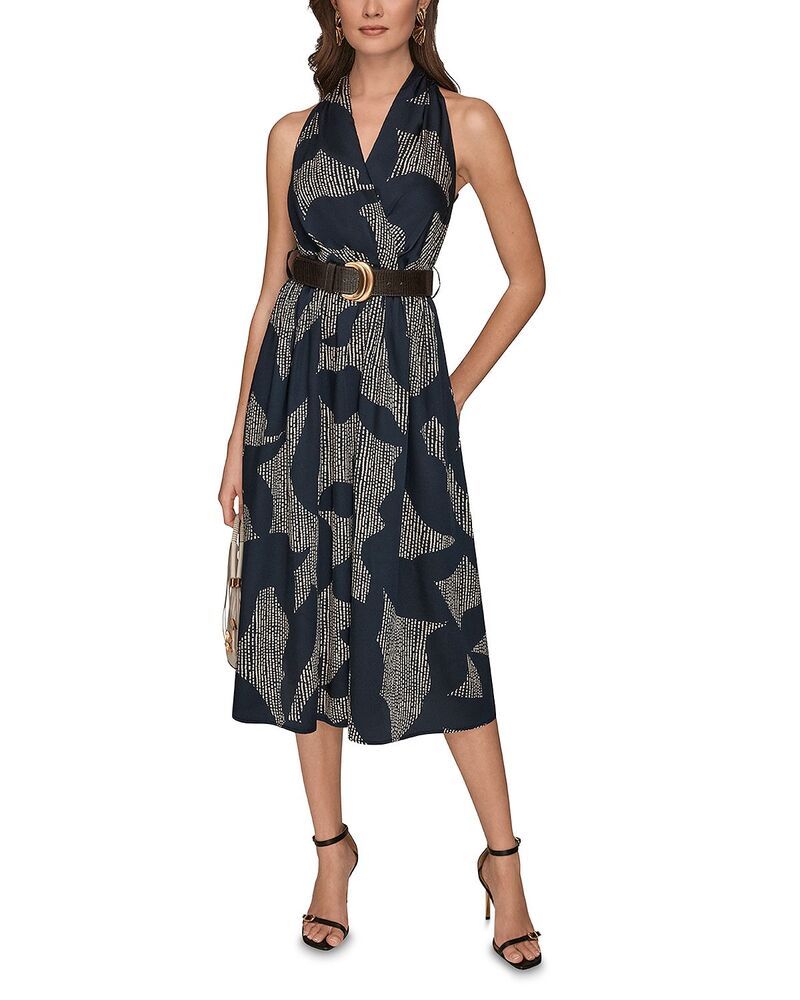 ダナキャラン レディース トップス ワンピース プリント ミディ ノースリーブ Donna Karan Printed Sleeveless Belted Midi Dress Nightfall Sand サンド