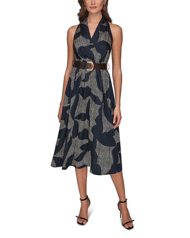 ダナキャラン レディース トップス ワンピース プリント ミディ ノースリーブ Donna Karan Printed Sleeveless Belted Midi Dress Nightfall Sand サンド