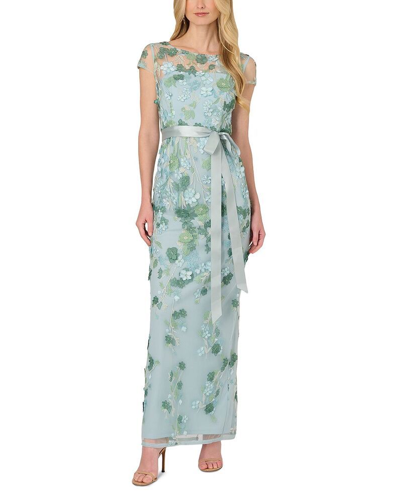アドリアナ パペル レディース トップス ワンピース 刺繍 Adrianna Papell Embroidered Belted Gown Sage セージ