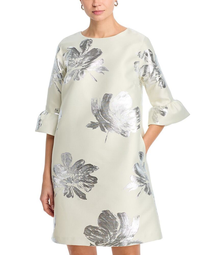 キャロライン ローズ レディース トップス ワンピース フリル トール Caroline Rose Ruffled Cuff Metallic DressilverIvory アイボリー