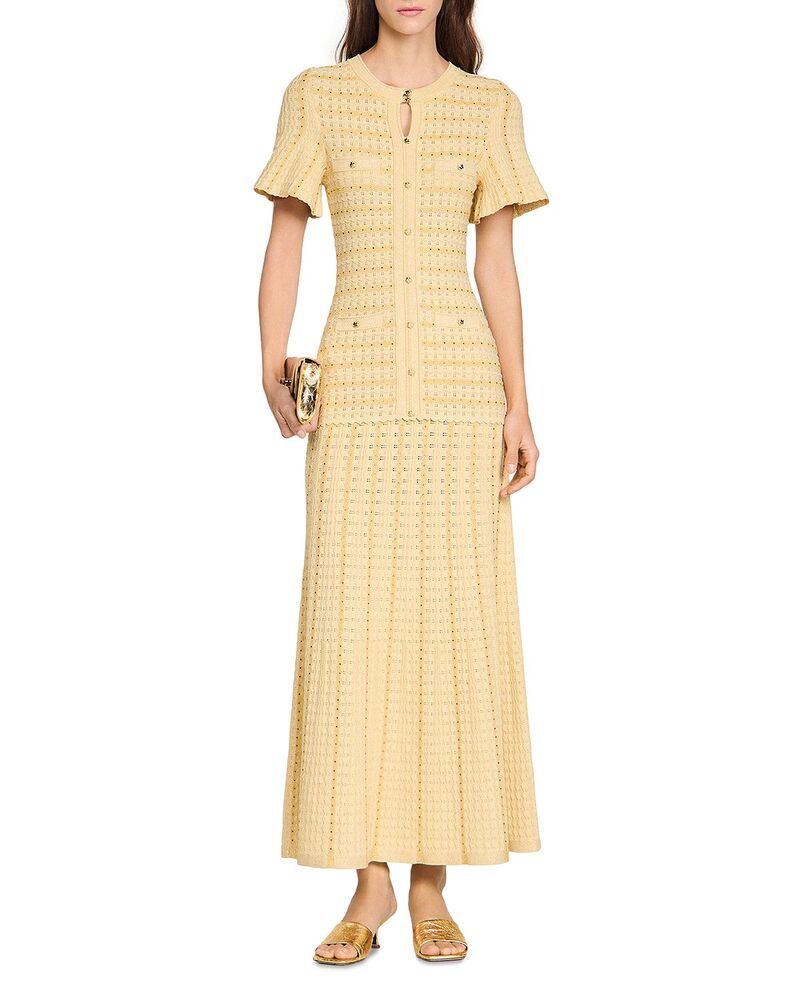 サンドロ レディース トップス ワンピース ニット マキシ Sandro Rhinestone Knit Maxi Dress Gold ゴールド