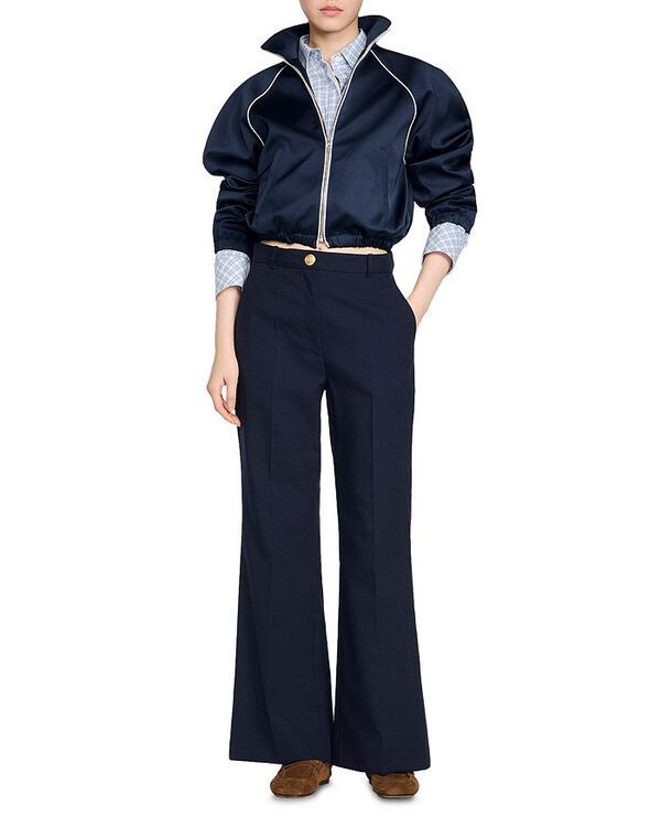 サンドロ レディース ボトムス カジュアルパンツ ワイドレッグ ウール Sandro Lionel Straight Wide Leg Wool Blend Trousers Navy Blue ネイビー
