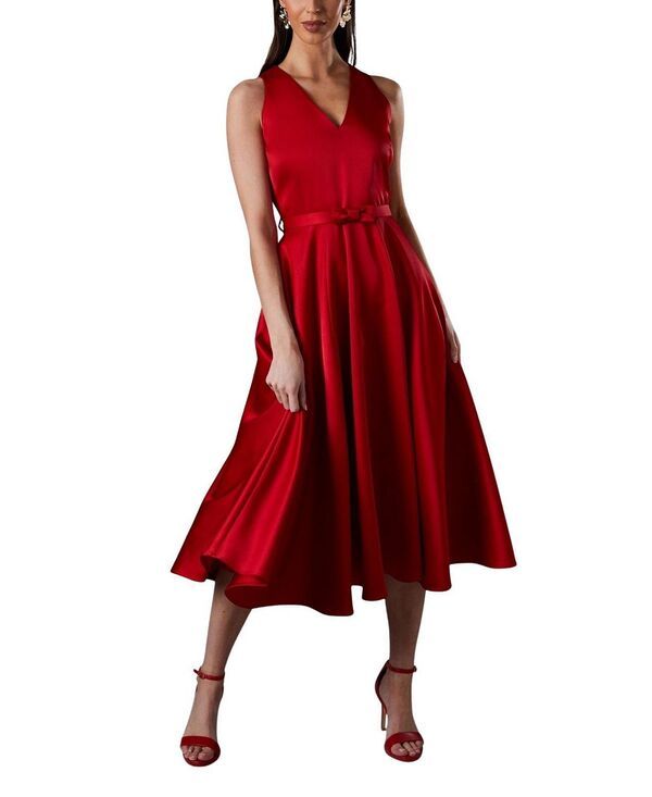 コースト レディース トップス ワンピース Vネック ミディ スカート Coast Bow Trim VNeck Volume Skirt Midi Dress Red レッド