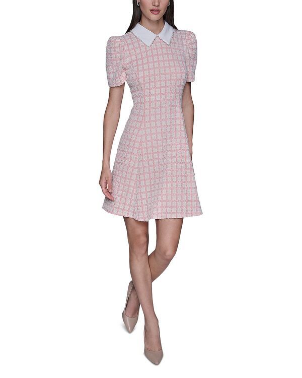 カール ラガーフェルド レディース トップス ワンピース ツイード KARLAGERFELD PARIShort Puff Sleeve Tweedress Hot Coral Soft White ホワイト カール ラガーフェルド レディース トップス ワンピース ツイード KARLAGERFELD PARIShort Puff Sleeve Tweedress Hot Coral Soft White ホワイト