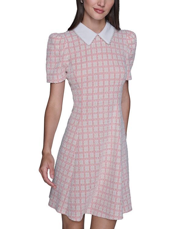 カール ラガーフェルド レディース トップス ワンピース ツイード KARLAGERFELD PARIShort Puff Sleeve Tweedress Hot Coral Soft White ホワイト