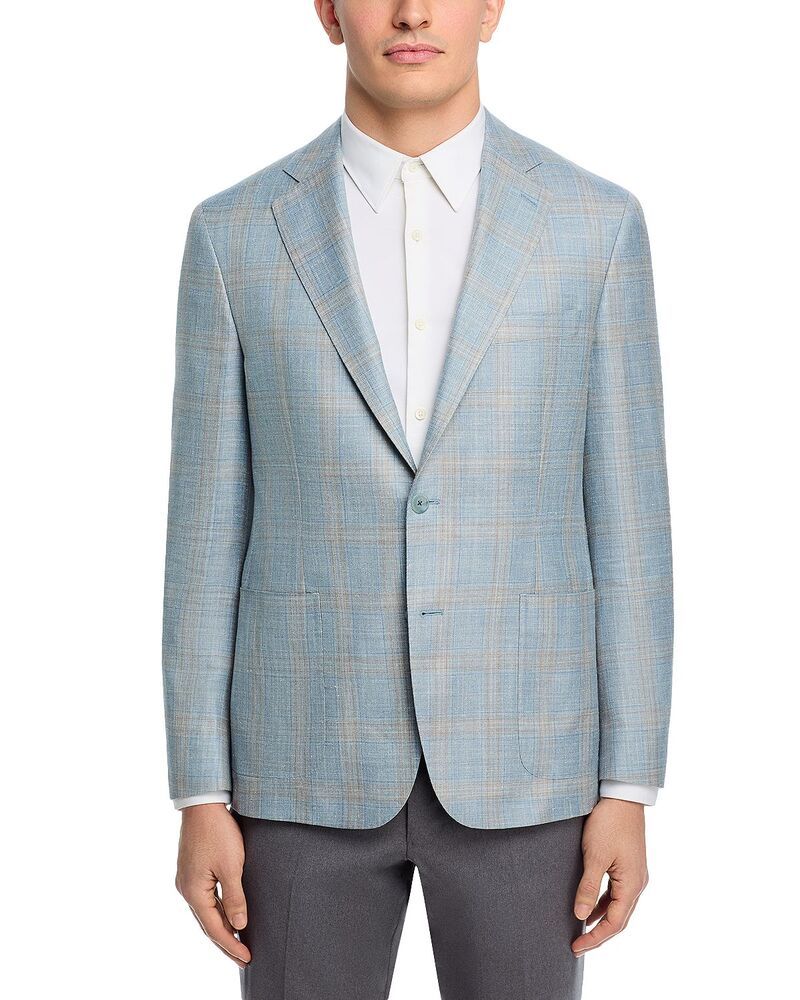 ヴィンス メンズ アウター ジャケット・ブルゾン スリムフィット ウール シルク コート リネン Vince Loro Piana Fabric Wool Silk Linen Plaid Slim Fit Sport Coat Light Blue Tan