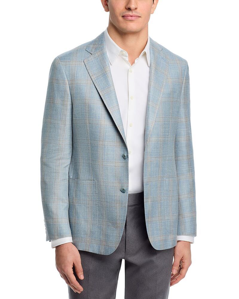 ヴィンス メンズ アウター ジャケット・ブルゾン スリムフィット ウール シルク コート リネン Vince Loro Piana Fabric Wool Silk Linen Plaid Slim Fit Sport Coat Light Blue Tan