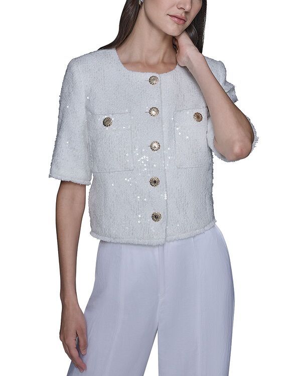 カール ラガーフェルド レディース アウター ジャケット・ブルゾン ツイード スパンコール クロップド KARLAGERFELD PARIS Cropped Sequin Tweed Jacket Soft White ホワイト