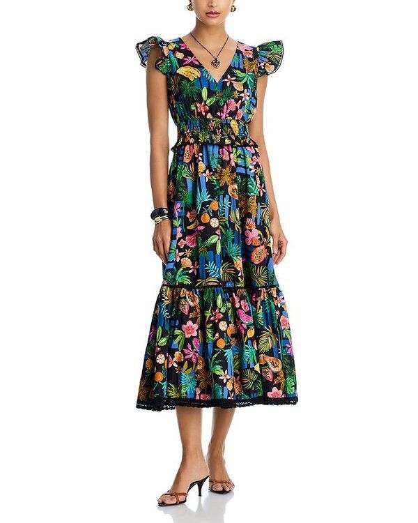 アクア レディース トップス ワンピース Vネック フリル ミディ AQUA Tropical Ruffle Sleeve V Neck Midi Dress Exclusive Black Multi ブラック