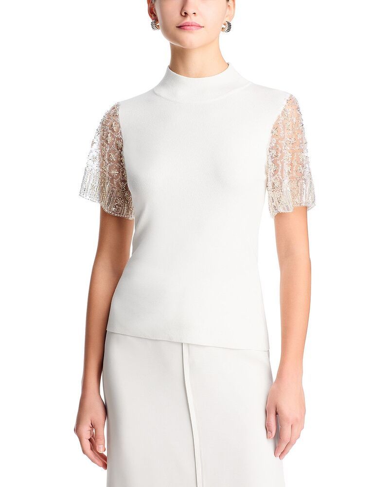 ティー・タハリ レディース アウター ニット・セーター モックネック スパンコール Tahari Sequin Beaded Flutter Sleeve Mock Neck Sweater White Star ホワイト